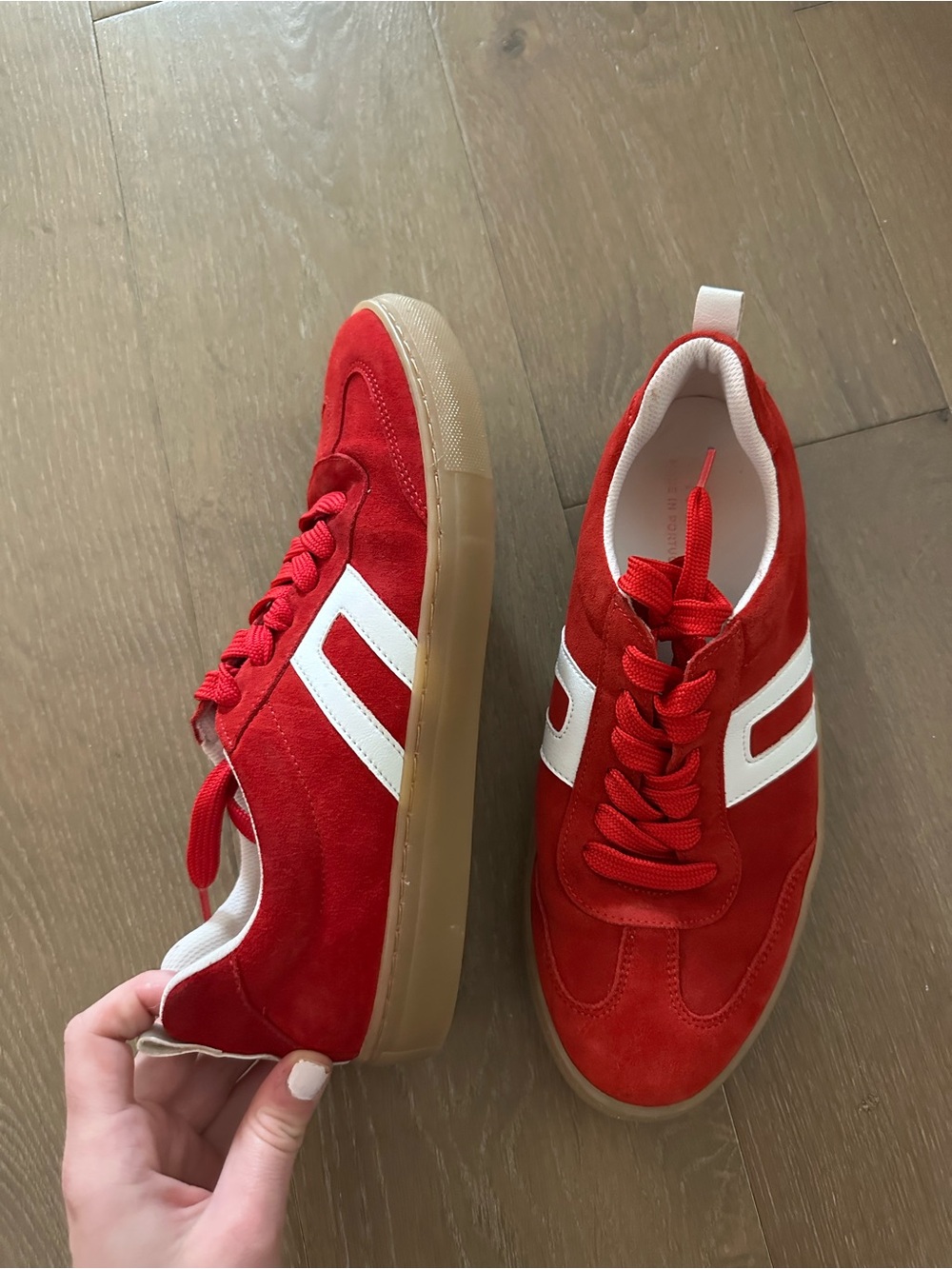 Women’s Red Suede Low-Top Sneakers with White Stripes